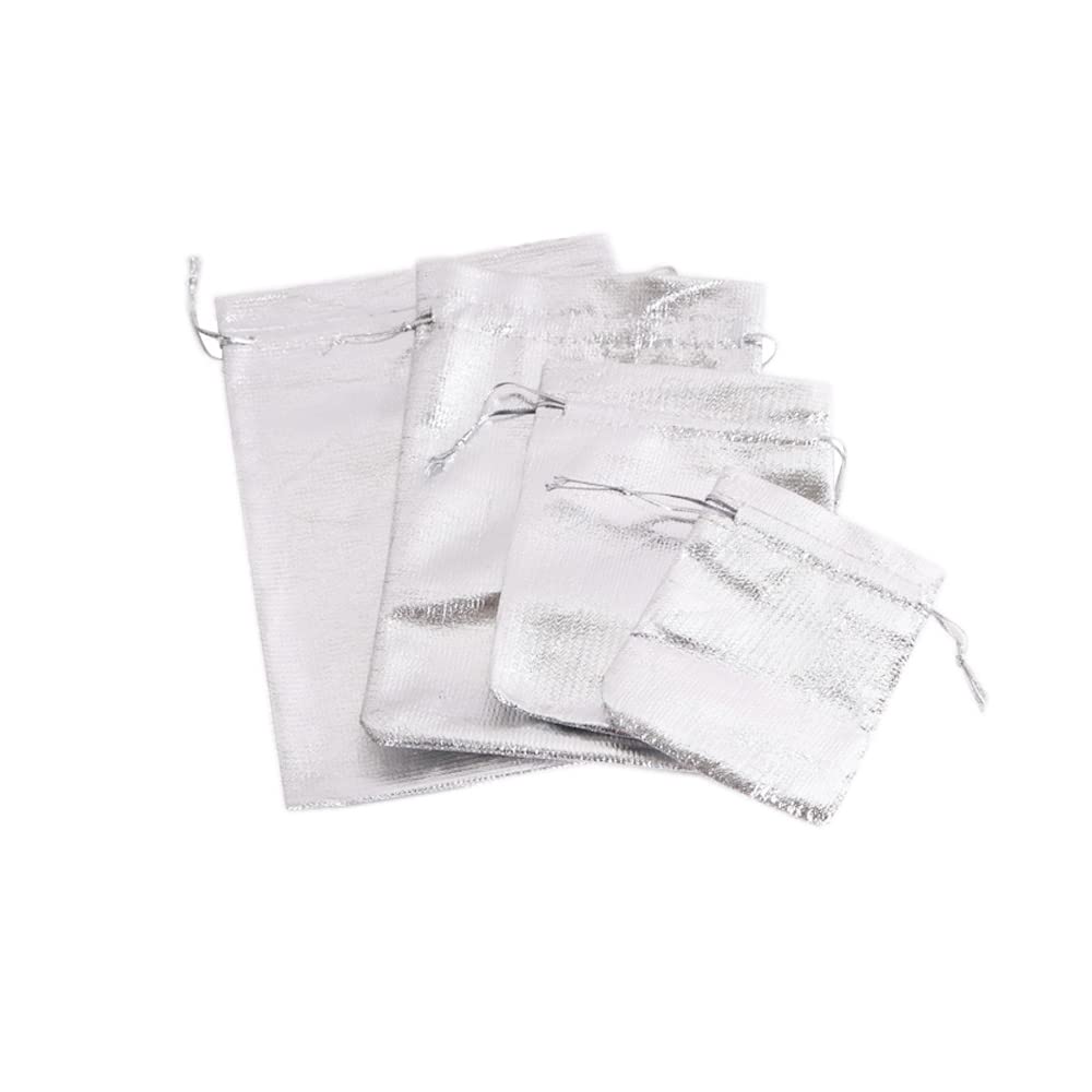 SKYPRO 100Pcs Drawstring Bags Organza Jewelry Bags Storage Pouches Candy Gift Bags for Jewelry Christmas Party Wedding Favors (Silver 4 sizes)