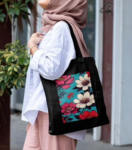Image of ZORI Black Tote Bag With Pocket Printed Designed Canvas Tote Bags For Women large capacity,Tote bag For Shopping, College, Travel, More Canvas Handbag For Unisex Bag