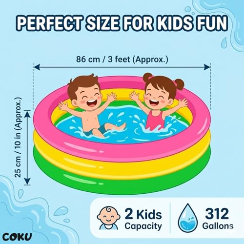 Image of Coku 3 Feet Round Inflatable Baby Swimming Pool for 0-3 Years | 3-Ring Kids Pool, Thick PVC Soft Baby Bathtub for Indoor Outdoor Use, Backyard, Balcony Water Play (Pump Not Included)