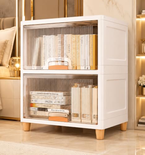 Image of EXVITO 2 Tier Foldable Wardrobe for Bedroom Clothes Storage Cabinet | Collapsible Plastic Almirah Organizer with Magnetic Doors & Wheels | Stackable Cupboard for Clothes Storage - Beige