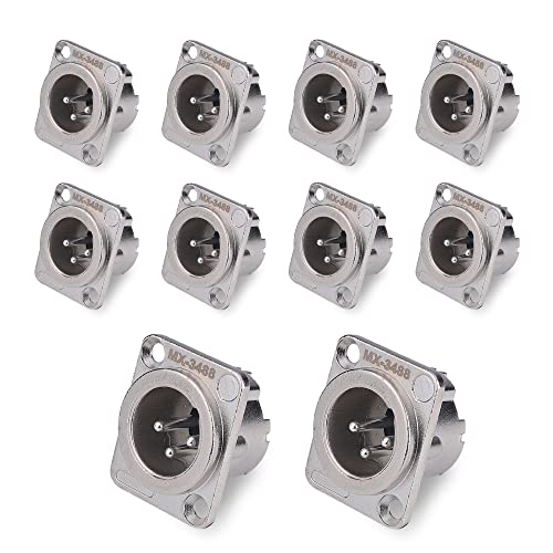 Image of MX 3 Pin XLR connector Microphone Connector pin Pure Copper Nickel Plated Pins1 for High Conductivity microphone cable connector PERENT (3 PIN PANEL MOUNTING silver, Pack of 10, Male Connector)