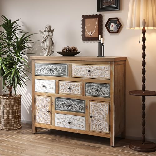 Image of Farmhouse Boho Accent Cabinet with 7 Drawers and 2 Doors, Vintage Storage Cabinet with Solid Wood Frame, Hand-Carved Distressed Console Cabinet for Living Room, Entryway, Hallway, 39.37 Inch Wide