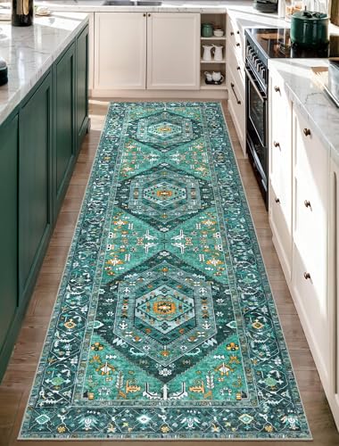 SERISSA Boho Washable Runner Rug, 2'6"x10' Long Rug Runner Non-Slip Vintage Teal Hallway Kitchen Stair Runner Rug Ultra Soft Print Distressed Floor Carpet Runner for Bedroom Bathroom Laundry Room