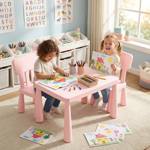 Image of Costzon Kids Table and Chairs, 3 PCS Plastic Toddler Table Set (Pink) | Easy Clean Activity Desk Set for Reading, Drawing, Snack Time, Art Craft, Suitable for Preschool, Playroom, Indoor & Outdoor