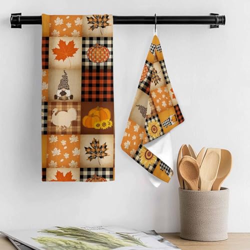 Image of Fall Kitchen Towels Gnome Turkey Pumpkin Thanksgiving Hand Towels Buffalo Check Plaid Dish Towel Cleaning Cloth Soft Absorbent Quick Drying Dish Cloths for Kitchen, Bathroom Autumn Decoration