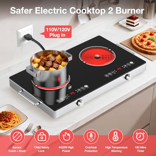 Image of 2400W Electric Cooktop: 24 inch Electric Stove 2 Burner Hot Plate Double Burner, Knob Control Countertop & Built-in, 9 Power Levels, Child Lock, Timer, Suitable for All Pans