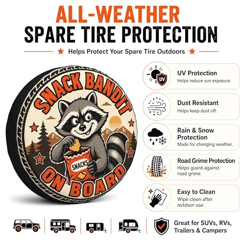 Image of Funny Raccoon Spare Tire Cover, Snack Bandit On Board Printed Tire Cover for SUVs RVs Trailers Campers Trucks, Outdoor Spare Wheel Protector（14 inch for Diameter 23 inch-27 inch）