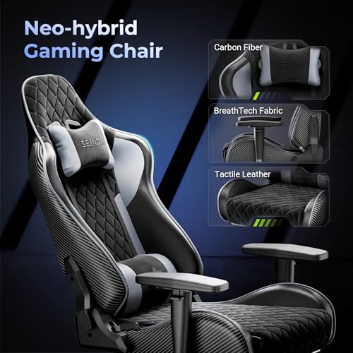 Seenda GCPro-10 Gaming Chair, 145° Reclining Office Chair with Footrest and Full Metal Frame Supporot up to 330 lbs, Adjustable 2D Armrests, 5 Inch Fabric Cushion, Carbon Fiber Design (Black + Grey) - Image 5