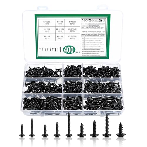 400 Pcs Black Self Tapping Screws Self Drilling Screws Assortment M3 M3.5 M4 M5 Pan Head Metal Screws Kit for Wood Metal Plastic Repairs