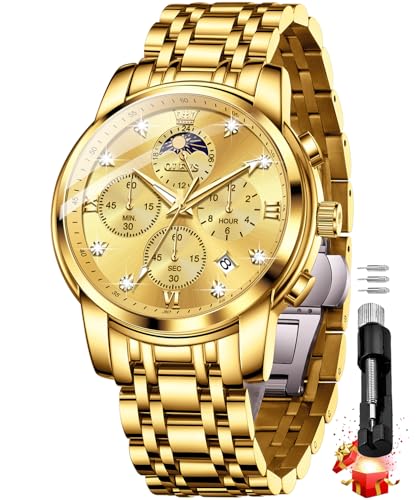Image of OLEVS Chronograph Watches for Men Original Analog Quartz Black Stainless Steel Chain Luxury Dual Time Zone Moon Phase Date Waterproof Men's Wrist Watch