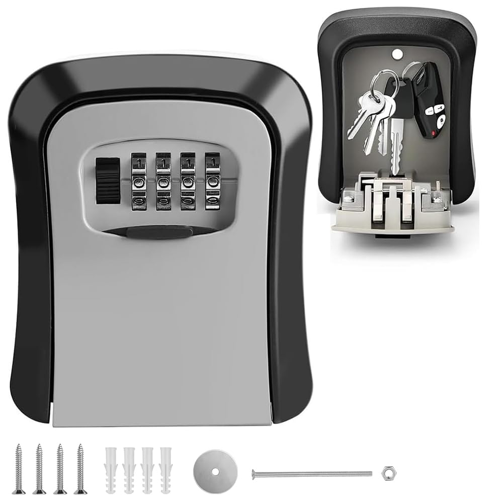 Basuit Key Safe Box, Wall Mounted 4 Digit Combination Key Storage,Portable Safe Lock Box Outdoor, Waterproof and Security-Key Cabinet Safe for Keys & Access Cards(Grey)