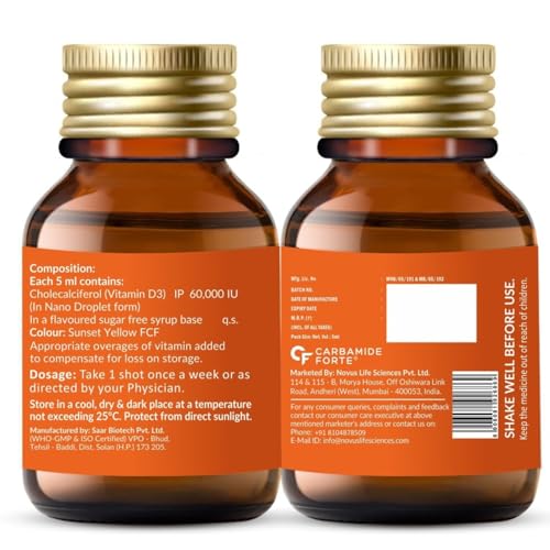 Image of Carbamide Forte Vitamin D3 60000IU I Cholecalciferol Vitamin D3 60000 IU Oil Based & Sugar Free Nano Shots I Once in A Week - 5ml