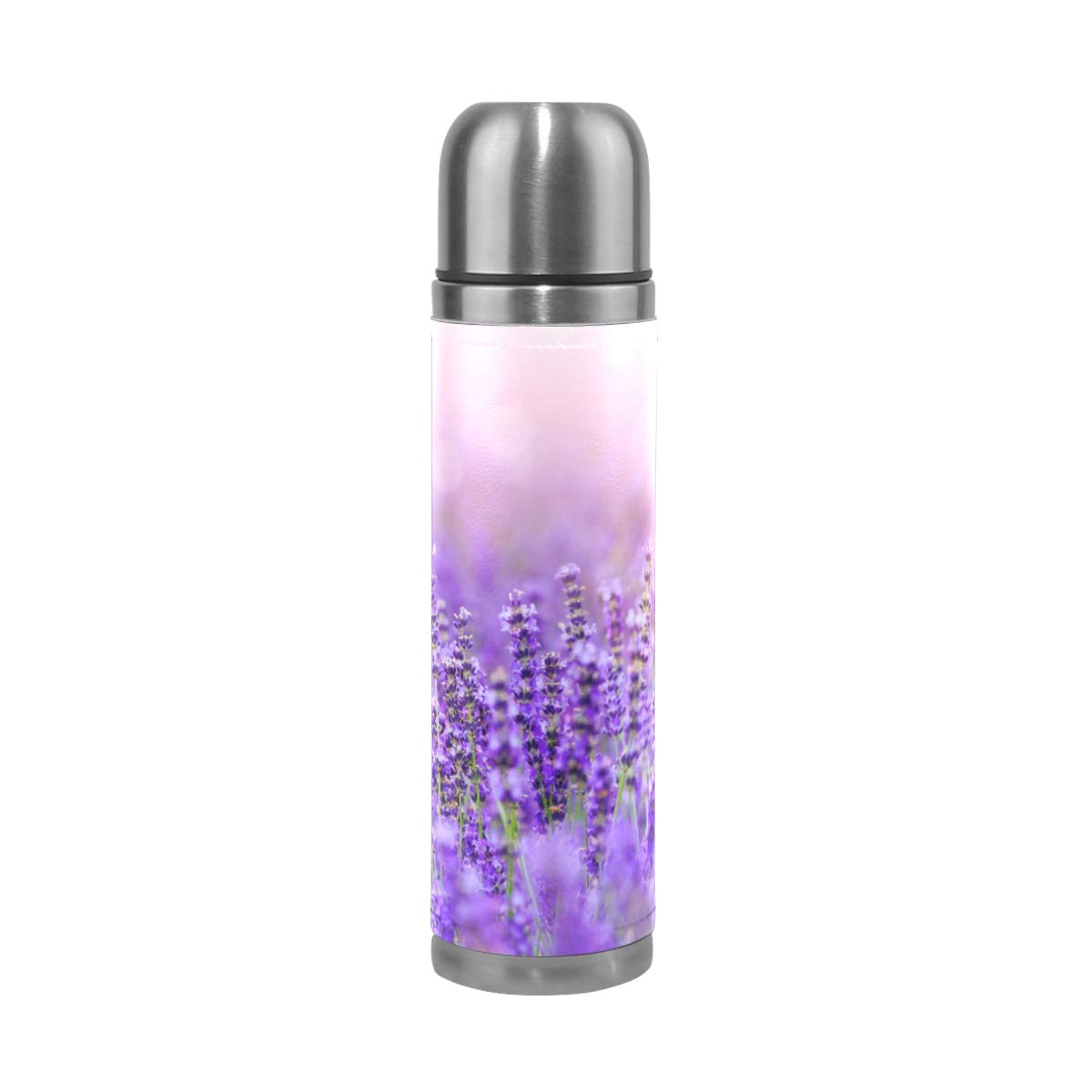 Taza de viaje de acero inoxidable con aislamiento al vacío, doble pared, a prueba de fugas, color violeta y lavanda, personalizable con estampado de piel auténtica, 500 ml