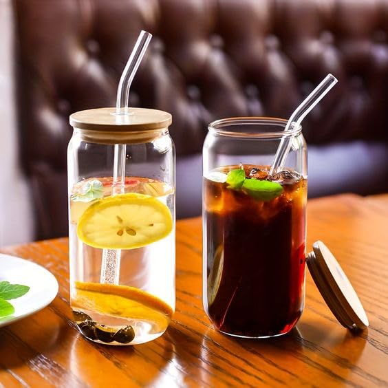 Image of WEZOSHINET Ice Juice Drinks Glass Can Mug with Straw for Milk /Coffee /Green Tea Cup Set of 1-510ml Transparent Can Shape Cup (Pack of 2) (Wooden LID CAN)