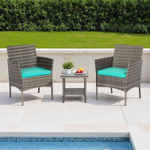 Image of FDW 3-Piece Patio Furniture Set | Gray & Blue | Outdoor Wicker Furniture