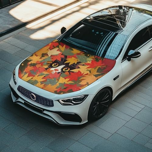 Image of Car Hood Cover Protector,Soft Universal Easy to Clean Breathable Print Stylish Hood Covers for Cars,Decoration Car Accessories Black Cat Maple Leaf