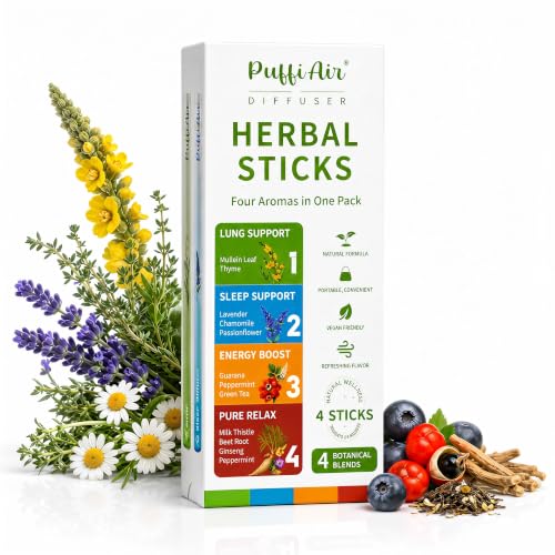 PuffiAir Herbal Sticks 4 Botanical Aroma Blends Passive Aromatherapy Diffuser Portable Non-Electric Air Freshener for Home Office Travel Sleep & Relaxation (White)