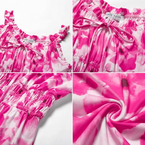 Image of Kate Kasin Womens Dresses Floral Boho Casual Ruffle Sleeveless Square Neck A Line Beach Vacation Swing Midi Sundress
