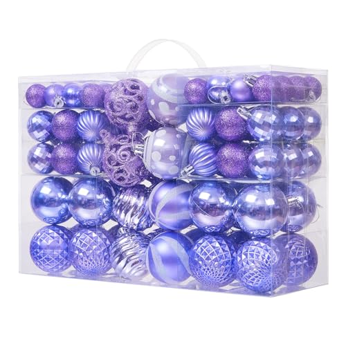 Image of 100PCS Christmas Ball Ornaments, Assorted Shatterproof Christmas Tree Decorations, Seasonal Decorative Hanging Baubles Decor Set for Xmas/Holiday/Party, Glitter&Painting Ornament Set (Lavender Purple)