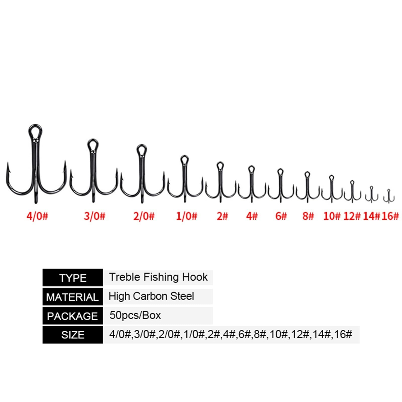 Angelhaken 50pcs/Box Treble Hooks Super Sharp Solid Size Triple Barbed Steel Fishing Lure Jigging Hook 3/0#-16#