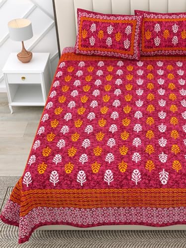 Image of RajasthaniKart Pure 100% Cotton Double Bed Sheet with 2 Pillow Covers (Bedsheet for Double Bed Cotton, Red Small Booty Jaipuri, King Size,5302)