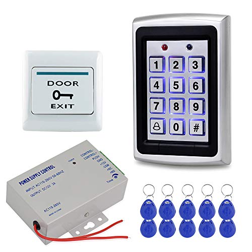 HFeng Kit Système Contrôle d'accès de Porte Boîtier Métallique Clavier RFID 125KHz + Contrôleur d'alimentation DC12V 3A + Bouton de Sortie de Porte + 10 pcs...