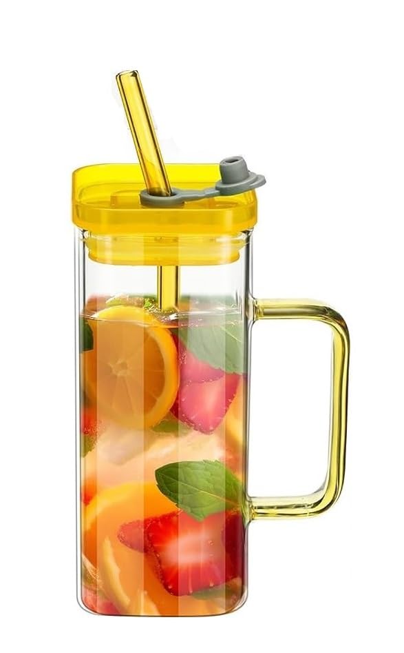 Image of Kamvy Reusable Glass Tumbler with Lid & Straw Pack of 1, 400ml Multipurpose Drinking Glasses Coffee Sipper Mugs for Juice Smoothies Iced Tea Indoor & Outdoor Cup (Square with Plastic LID)