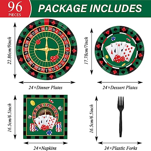 Image of 96 Pieces Casino Themed Party Tableware Set for Las Vegas Birthday Party Decorations Casino Poker Card Birthday Party Dessert Paper Plates Napkins Forks for 24 Guests Poker Card Playing Club Supplies