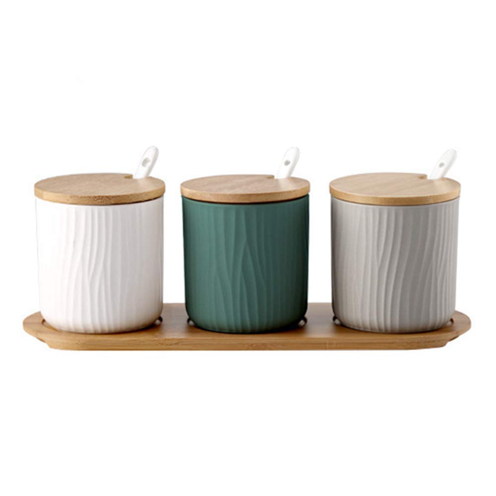 300ml/10.56oz Sugar Bowl, Ceramic Spice Jar Condiment Pots Salt Shaker with Bamboo Lid and Ceramic Spoon for Home and Kitchen,kitchen Supplies Set-C