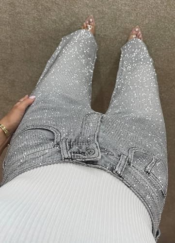 Women High Waist Rhinestone Jeans Straight Wide Leg Sparkly Bling Glitter Diamond Denim Pants Y2k Shiny Trousers Pockets3