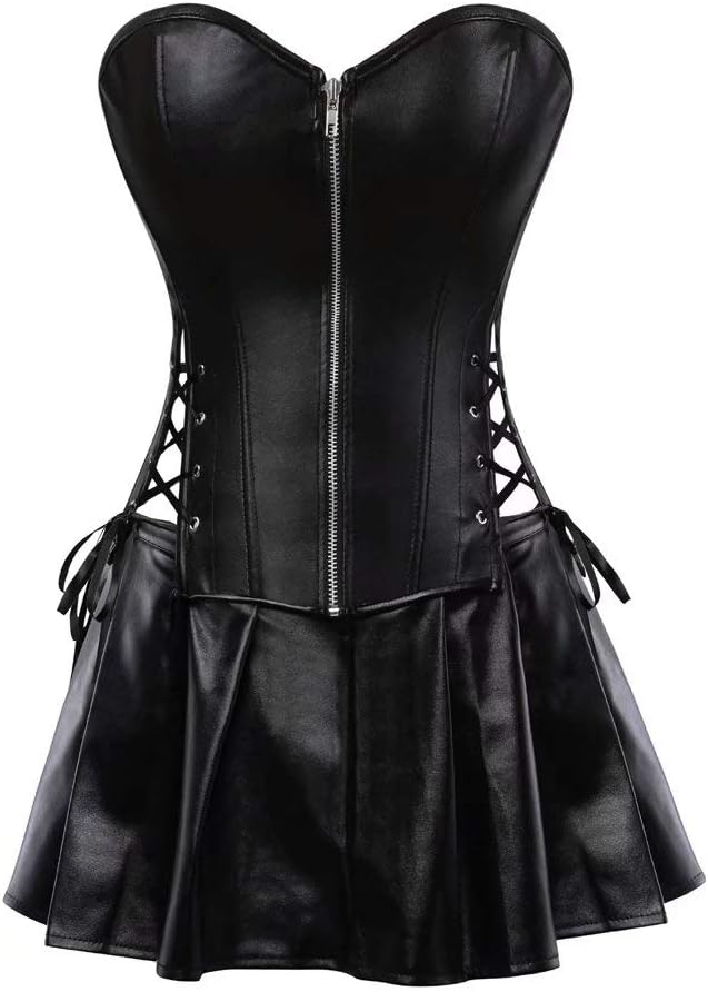 Leather Corset Dress Bustiers Skirt Sexy Burlesque Zip Steampunk Overbust Plus Size