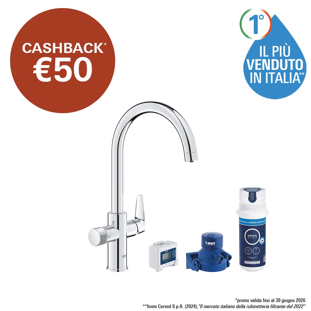 GROHE Blue Pure StartCurve Starter Kit con Rubinetto Filtro Acqua, Bocca C, Bocca Girevole 150°, Filtro Carboni Attivi, Canali Acqua Separati, Cromo, 30593000