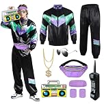 80s 90s Fancy Dress Men with Accessories, Retro 80s 90s Hip Hop Outfit for Adults, 80s Fancy Dress Set with 1 Sportswear Pant Necklace Balloon Radio Glasses Waist Bag Headband, 80s Party Carnival-M