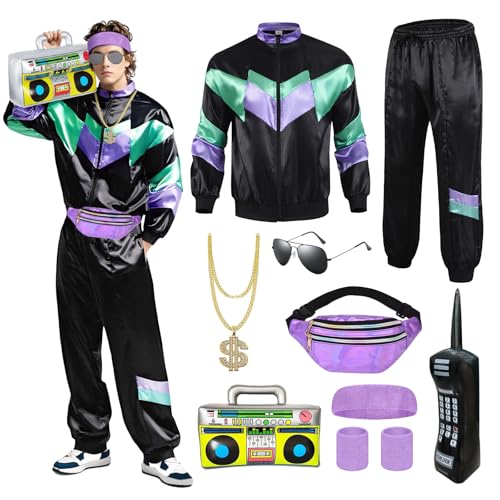 80s 90s Fancy Dress Men with Accessories Retro 80s 90s Hip Hop Outfit for Adults 80s Fancy Dress Set with 1 Sportswear Pant Necklace Balloon Radio Glasses Waist Bag Headband 80s Party Carnival-XL