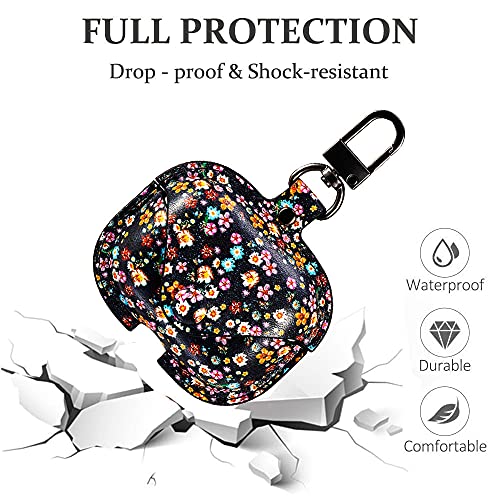 Image of Genuine Leather Case Compatible with AirPods Pro 3rd Gen (2025), VOMA Protective Cover for Apple AirPods Pro 3 Wireless Charging Case with Keychain and Snap Lock Colorful Floral