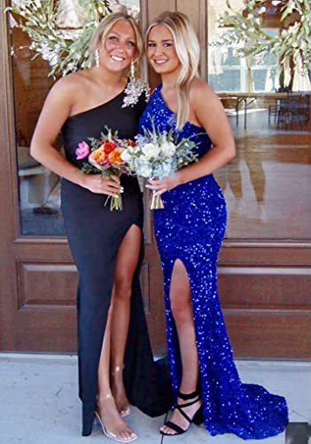 GUKARLEED Women's Long Prom Dresses One Shoulder Formal Dress Evening Gowns Mermaid Sequin Dress with Slit for Wedding Guest3