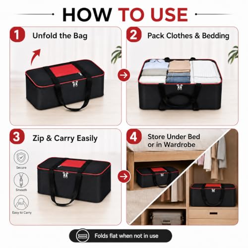 Image of VERVENIX Large Underbed Storage Bags 2 Pack, Moisture Proof Clothes Storage Organizer for Blankets, Comforters, Bedding, Pillows & Seasonal Items, Foldable Zipper Storage Box - Red Black