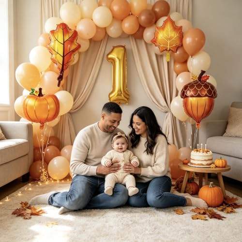 Image of 6 Pcs Fall 1st Birthday Balloons, Pumpkin Maple Leaf Acorn Foil Balloons