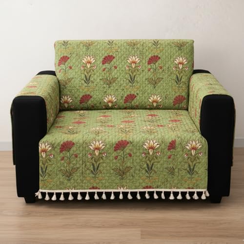 Image of House of Quirk IKATRA Series Quilted Printed Sofa Cover for Indian Sofa Set with Side Pocket - Premium Washable, Anti-Slip, Durable & Ultra Soft Fabric Protector (Green Lotus, One Seater)