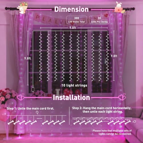 Image of JMEXSUSS 300 LED Curtain Lights, Pink String Lights for Bedroom, 9.8x9.8 ft | Plug in Hanging Lights with Remote, For Dorm, Window, Wall, Birthday Party, Girls' Room, Valentine's Day Indoor Outdoor Decor