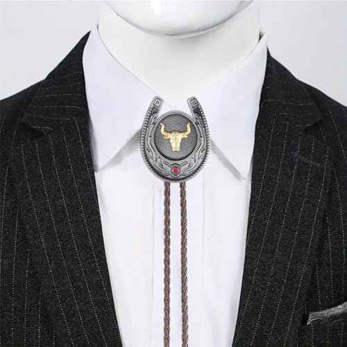 Image of Jeilwiy Bolo Tie for Men, Western Cowboy Golden Longhorn Bull Eagle Horse Cowboy Hat Bolo Necklace Leather Necktie for Women