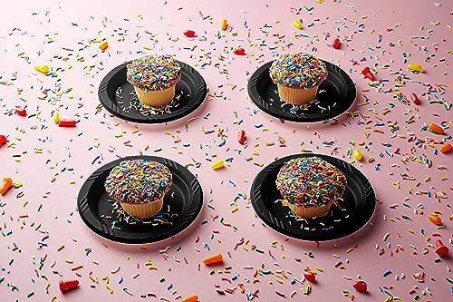 Image of Munfix 200 Black Plastic Dessert Plates, 6 Inch Disposable Bulk Pack Party Plates for BBQ, Picnic, Parties, Travel and Events, Microwavable Recyclable (Pack of 5)