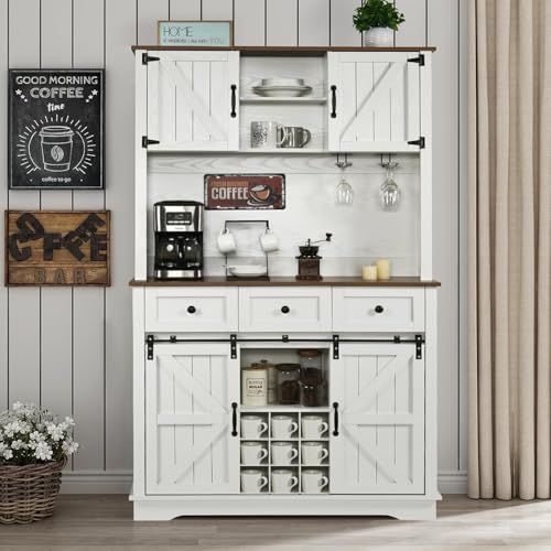 4 EVER WINNER Sliding Barn Door Coffee Bar & Pantry Cabinet, 72” Tall Kitchen Hutch with Wine Rack, White