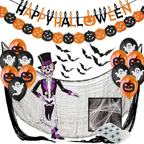 Halloween Decorations Indoor Set XXL Happy Halloween Banner, Bats 3D, Pumpkin Garland, Balloons With Ghosts, Spider Web with Spiders, Creepy Cloth Black Net, Giant Spider & Jointed Skeleton Halloween Decorations Indoor Set XXL Happy Halloween Banner, Bats 3D, Pumpkin Garland, Balloons With Ghosts, Spider Web with Spiders, Creepy Cloth Black Net, Giant Spider & Jointed Skeleton