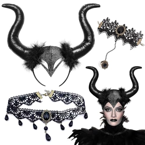 Cuernos Halloween Demonio, 3Pcs Diadema de Cuerno Negro, Cuernos Malefica, Collar Gótico Accesorio de Disfraces Disfraz Maléficos de Fiesta para Halloween Carnaval Mardi Gras Cosplay Masquerade (B)