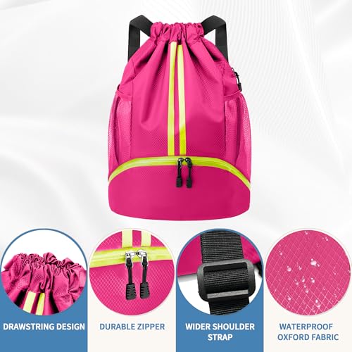 Image of JELUTAR Drawstring Backpack Gym Bag with Shoes Compartment, Rose