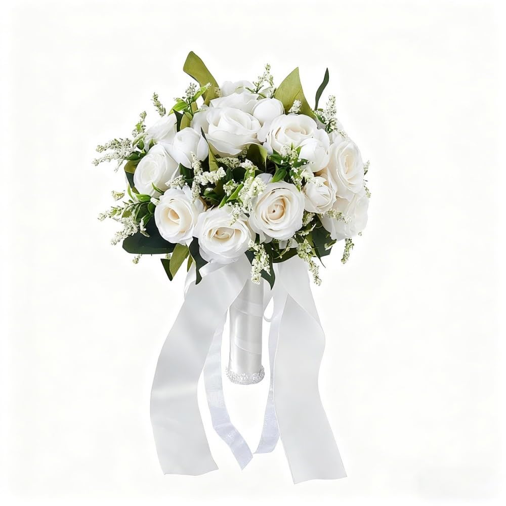 Huffa White[Stablespot] Simulated Rose Bridal Bouquet - Elegant Floral Arrangement For Western Weddings(White[Stablespot])