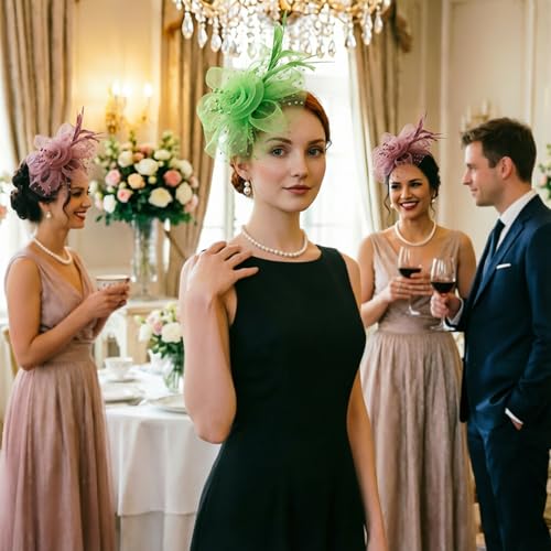 Image of DRESHOW Fascinators Hat Flower Mesh Ribbons Feathers on a Headband and a Clip Tea Party Headwear for Girls and Women
