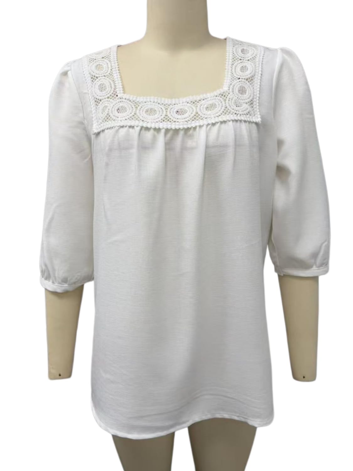 Generico Top da Donna a Maniche a 3/4 Stile Boho con Scollo Quadrato, Finiture all'Uncinetto, vestibilità Ampia ed Elegante, in Garza Traforata con Pizzo