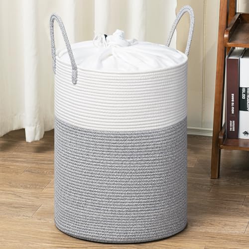 Image of Goodpick Woven Laundry Basket, 60L Tall Laundry Hamper for Blankets, Towel, Clothes Laundry Hamper for Bedroom, Nursery Hamper, 15 x 20 Inches, Grey